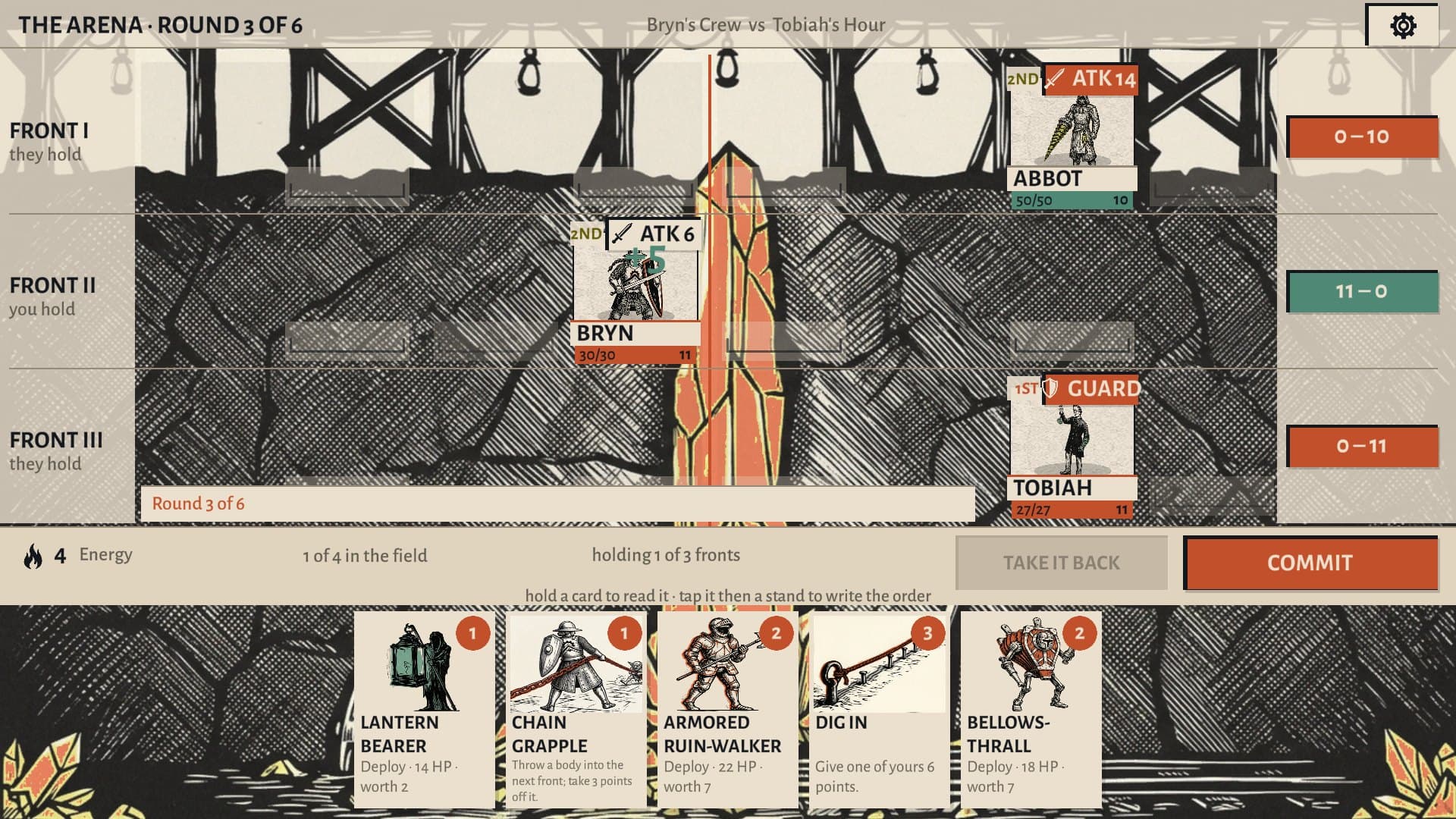 An Arena round: two crews face each other across three fronts, with each fighter's next move printed above it