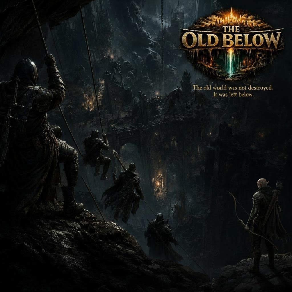 The Old Below key art: delvers rappel on ropes into a vast, lantern-lit buried world of gothic ruins