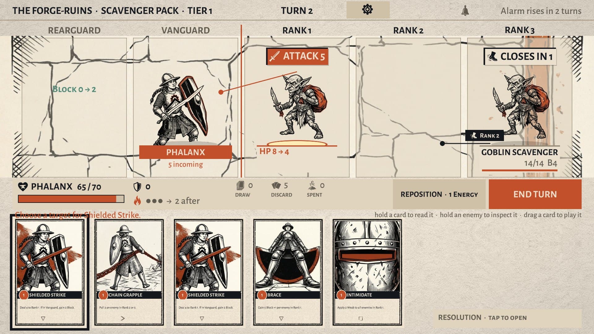 A Deal the Dungeon fight: the Phalanx facing a goblin scavenger, each enemy's next move shown above it